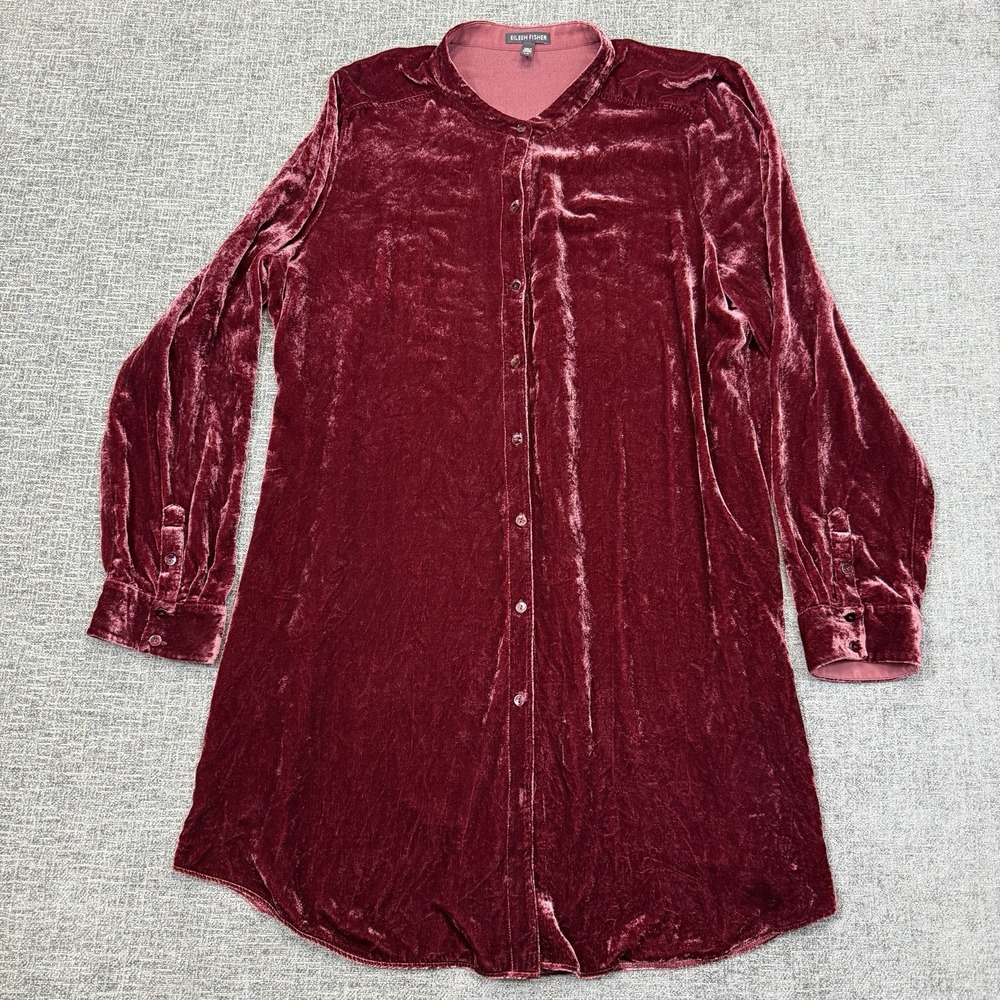 Eileen Fisher Silk Blend‎ Burgundy Velvet Button Down Shirt Dress Women's Large